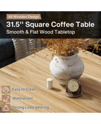 Square Coffee Table, 31.5-Inch Fluted Coffee Table, Mid-Century Modern Living Room Table, Large Cocktail Table for Living Room, Oak