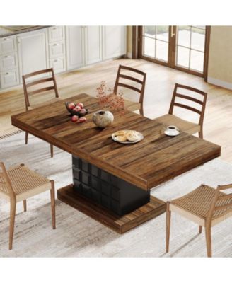 63'' Dining Table for 4-6, Farmhouse Wooden Rectangular Dinner Table with Geometric Relief, Pedestal Base