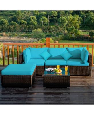 5PCS Rattan Patio Conversation Set Outdoor Furniture Set w/ Ottoman Turquoise Cushion