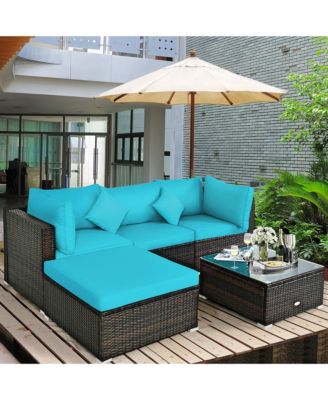5PCS Rattan Patio Conversation Set Outdoor Furniture Set w/ Ottoman Turquoise Cushion