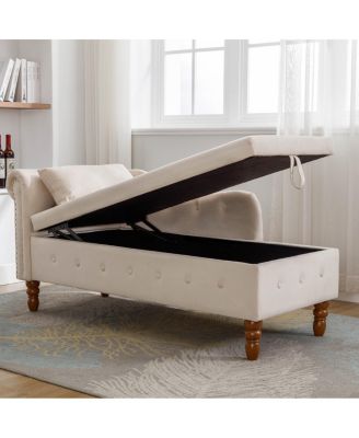 Velvet Upholstered Chaise Lounge with Storage and Pillow, Tufted Rolled Arm Chair with Nailhead Trim for Living Room or Bedroom