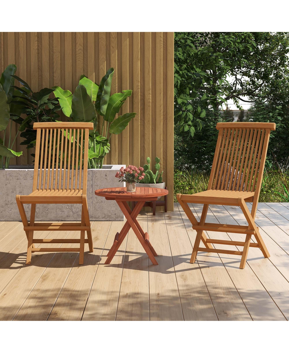 2 Pcs Patio Folding Chair Teak High Back Dining Slatted Seat Portable Outdoor