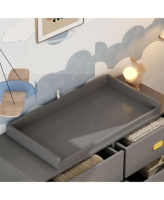 Changing table with six drawers, baby changing station with changing table top and drawers, grey wood