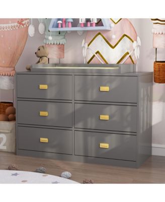 Changing table with six drawers, baby changing station with changing table top and drawers, grey wood