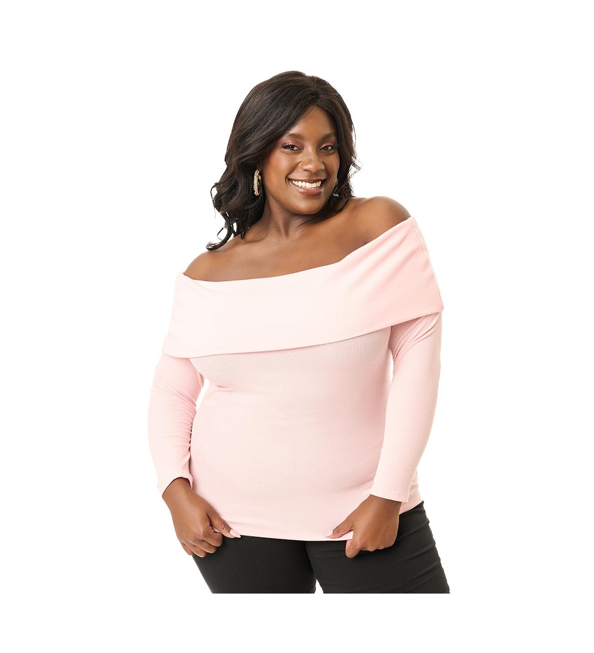 Plus Size Fold Shoulder Long Sleeve Knit Top - Black