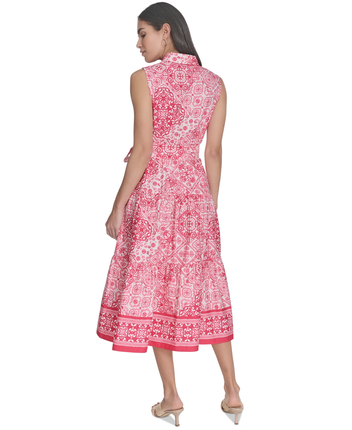 Jessica Howard Plus Size Printed Tie-waist Sleeveless Midi Dress In Pink