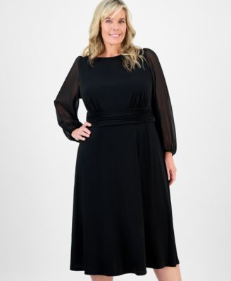 Plus Size Shirred-Waist Sheer-Sleeve Midi Dress