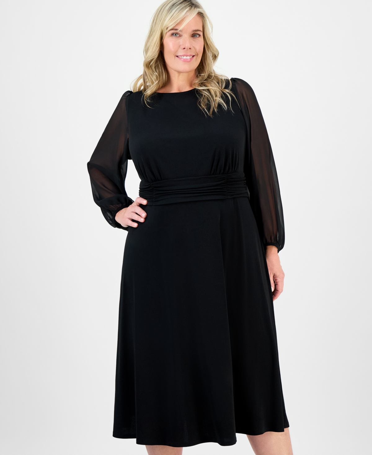 Connected Plus Size Shirred-waist Sheer-sleeve Midi Dress