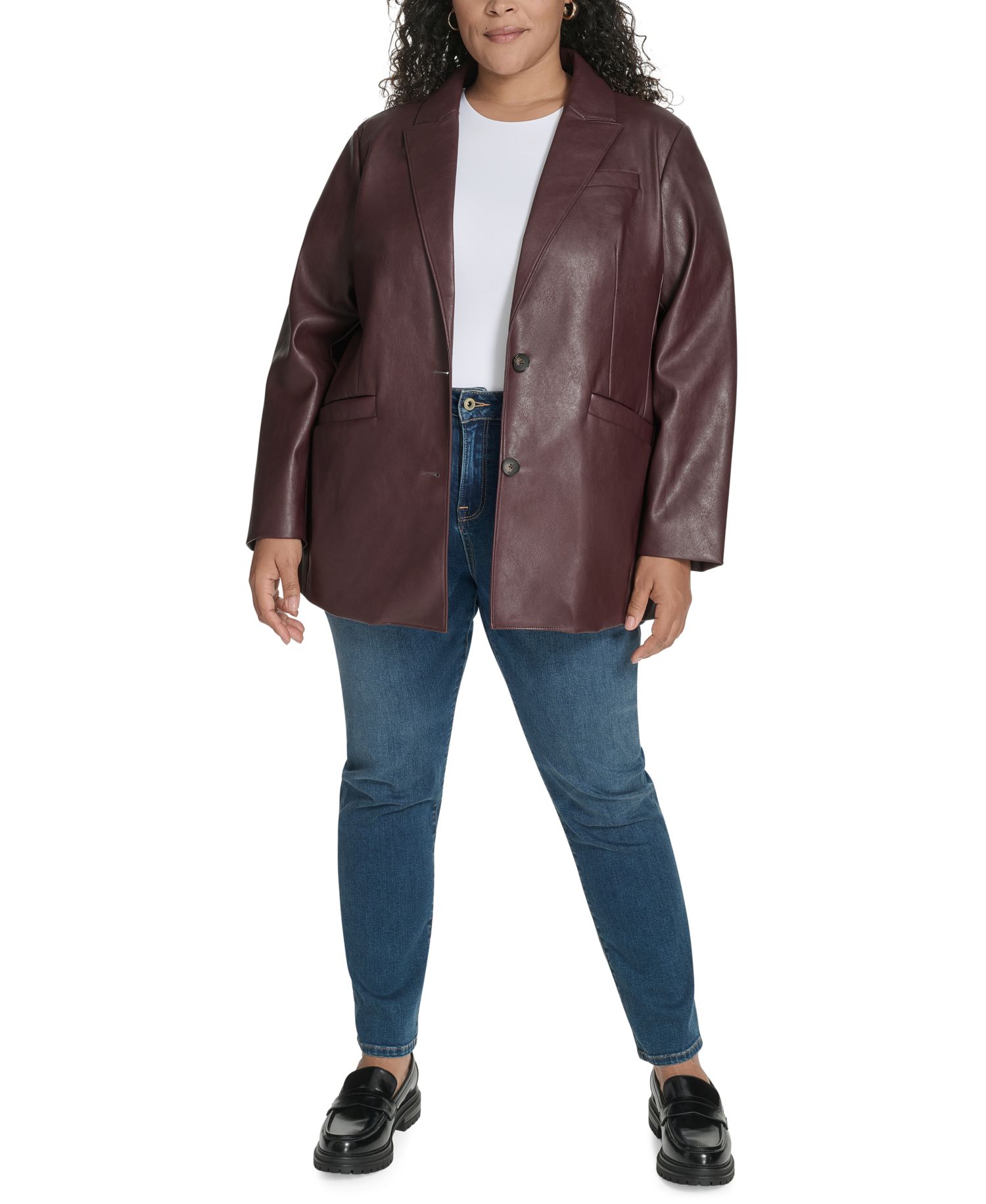 Plus Size Faux-Leather Peak-Lapel Blazer