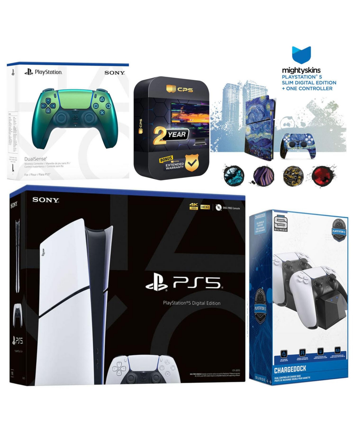 Sony Playstation 5 Slim Digital with Extra Volcanic Red Controller, Charging Dock and MightySkins Decal Voucher + 2 Year Cps Extended Warranty - Chrom