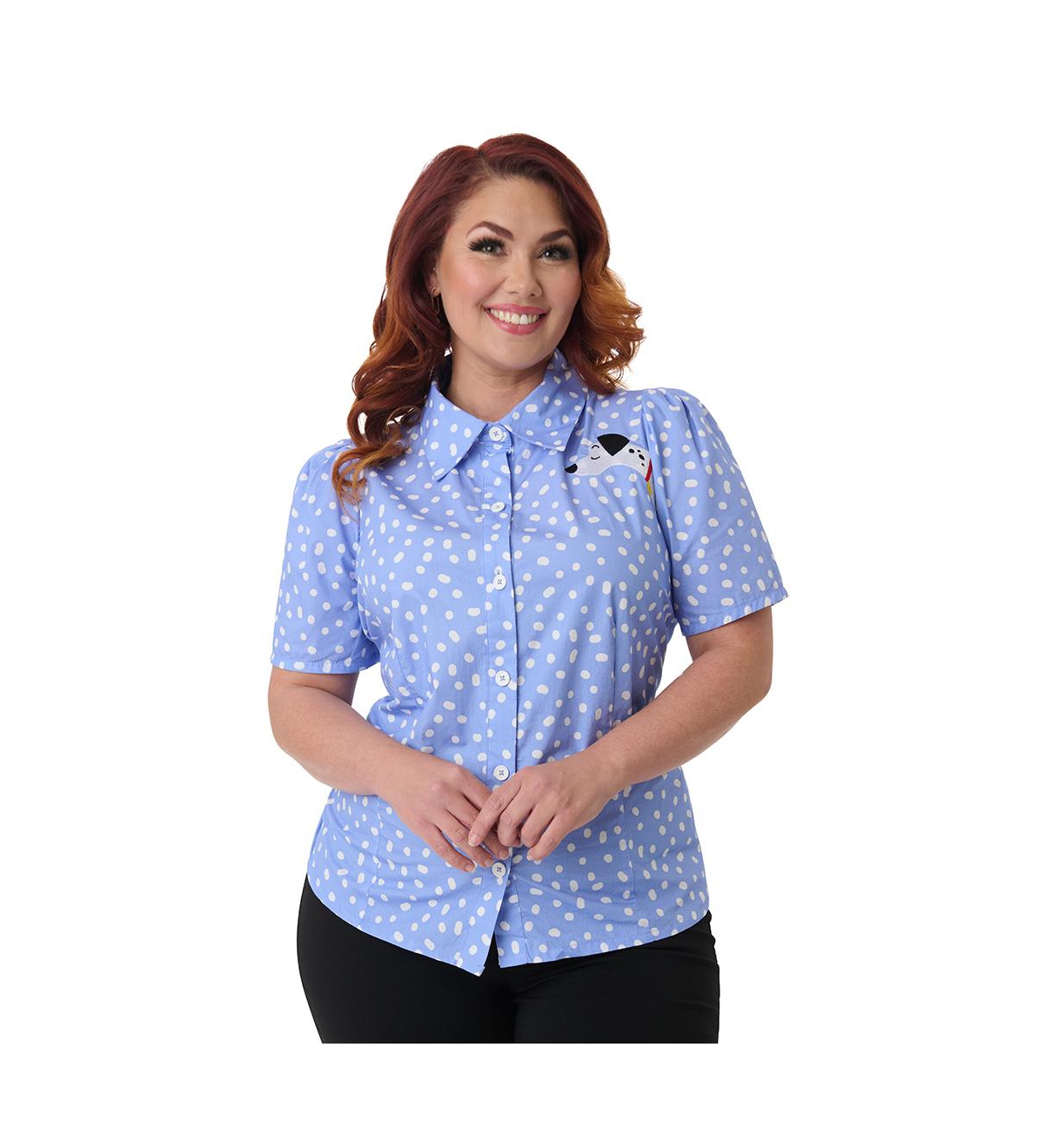 Plus Size 1940s Collared Blouse - Blue dots