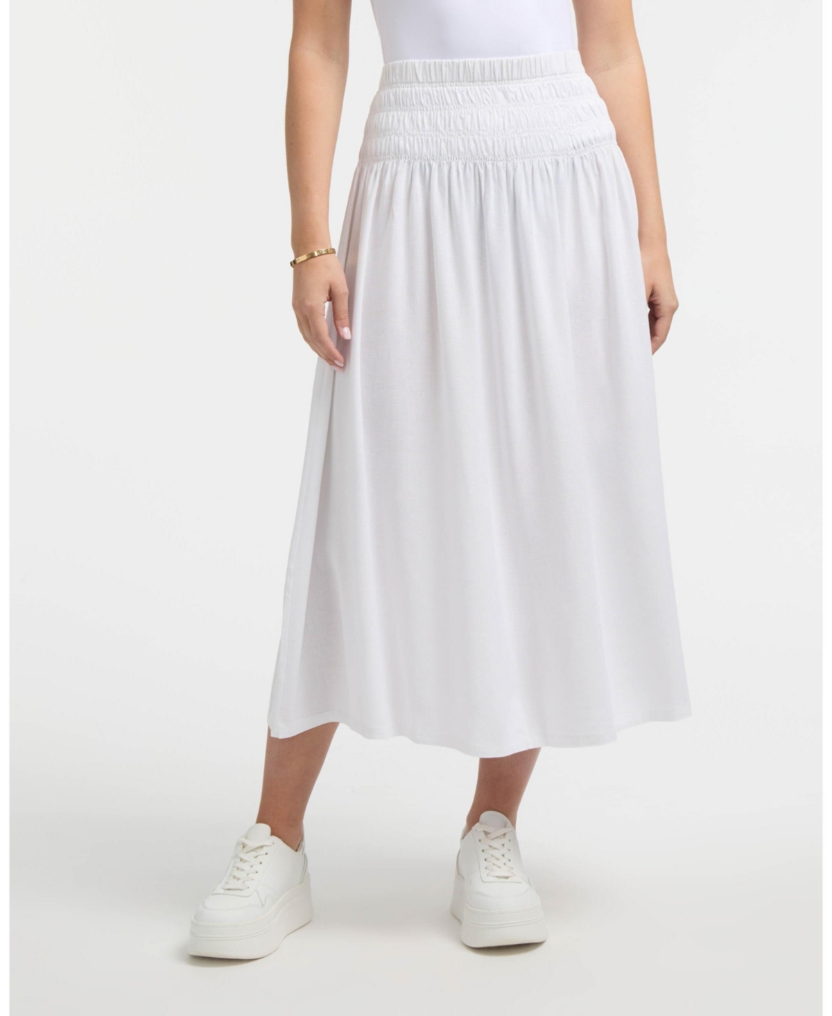 Women's Smocked Waist Linen-Blend Skirt - White