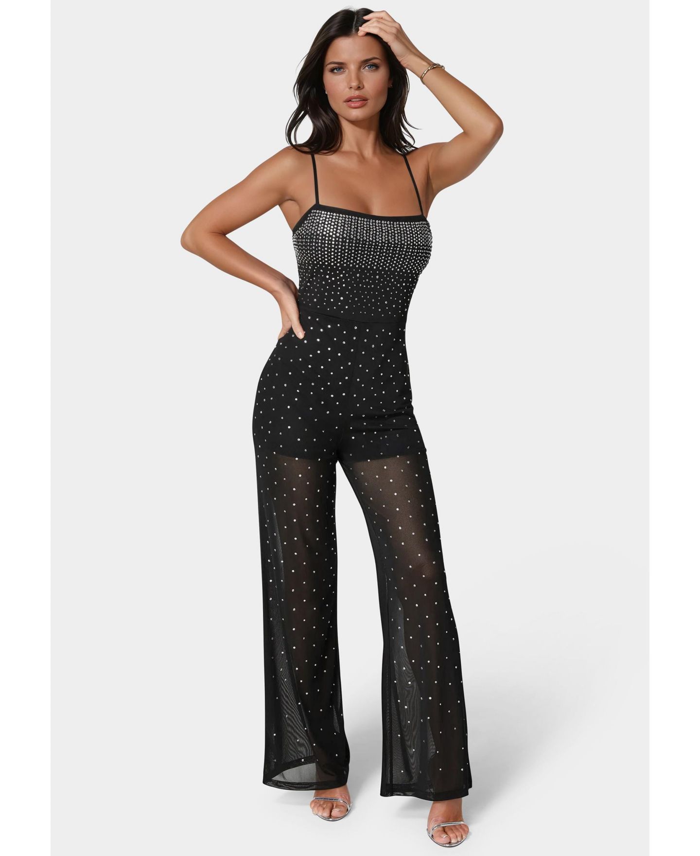 Женский комбинезон Bebe Ombre Embellished Jumpsuit, цвет: Чёрный серебряный — фото 1