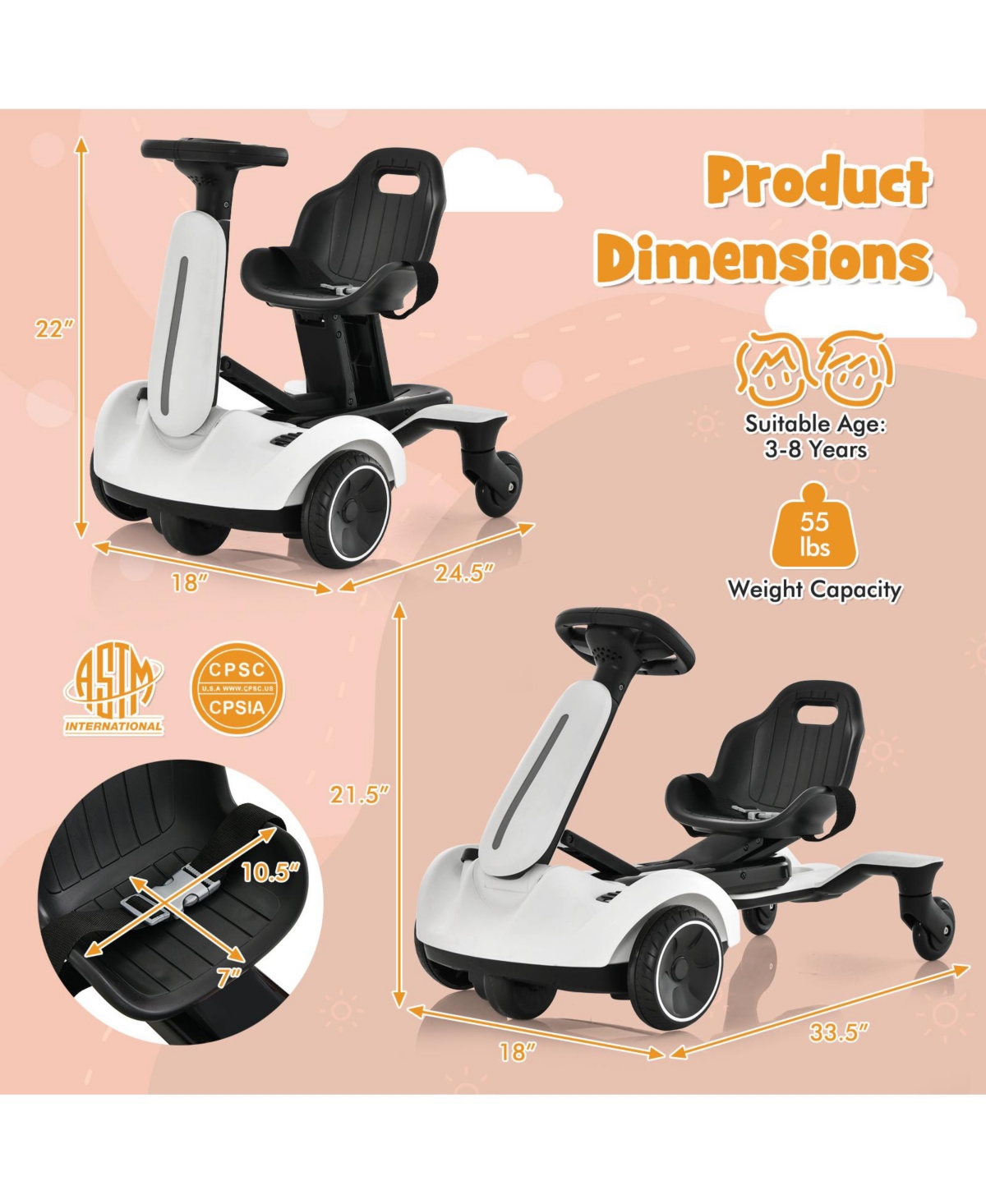 6V Kids Ride on Drift Car with 360° Spin and 2 Adjustable Heights