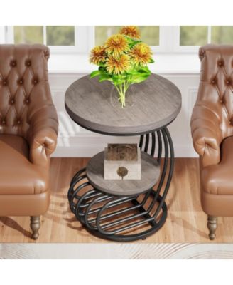 Round End Side Table Set of 2， 2 Tiers Side Table, Vintage End Table for Living Room, Small Bedside Table Accent Table with Arc-Shaped Frame