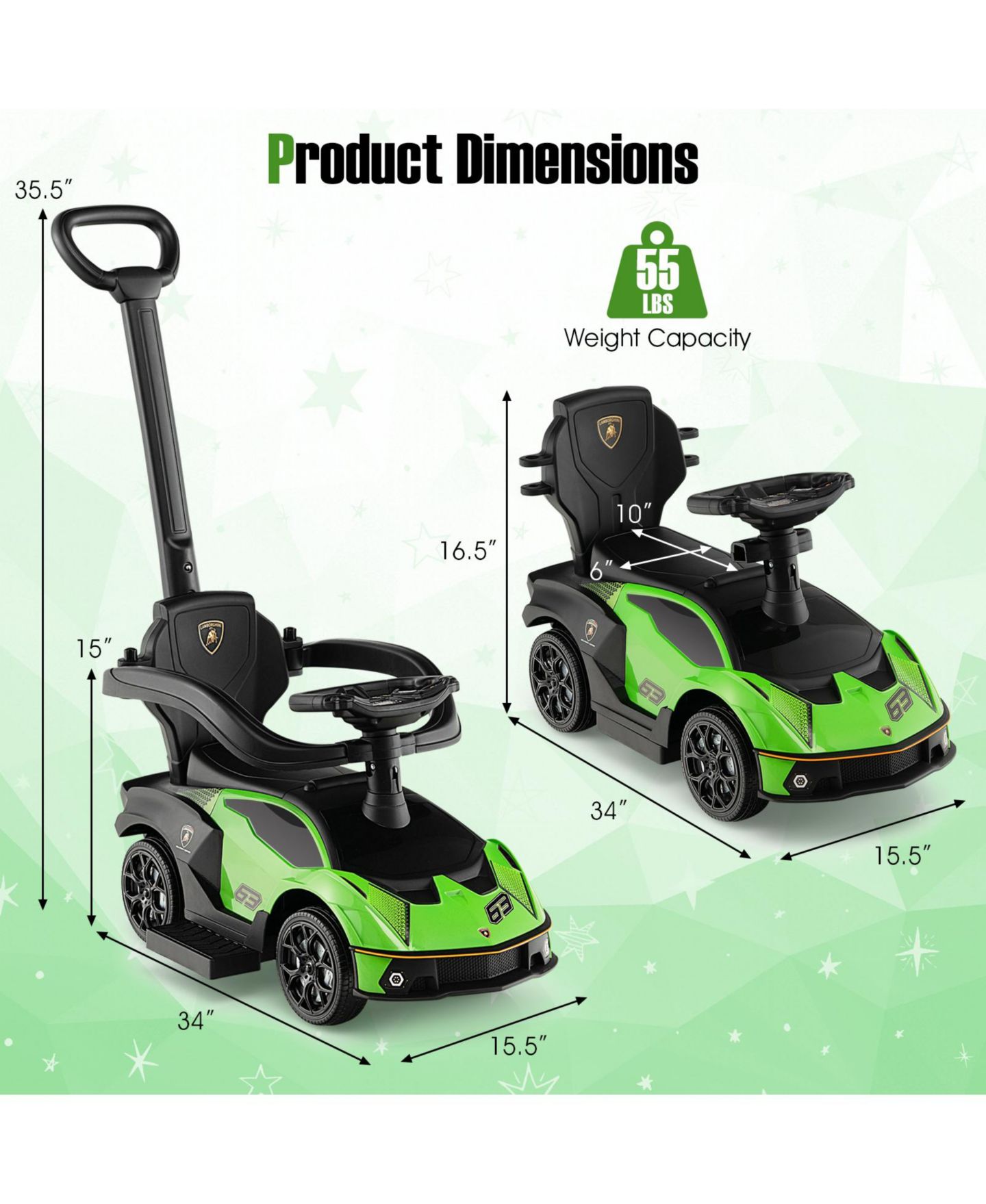 Детская игрушка Mecale 3-in-1 Licensed Lamborghini Ride-On Push Car With Under-Seat Storage, 55-lb Capacity, Ages 1+, цвет: Зелёный — фото 3