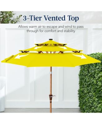 Woodgrain Pattern 10ft 3-Tier Solar Patio Umbrella w/ 24 LED Lights, Tilt