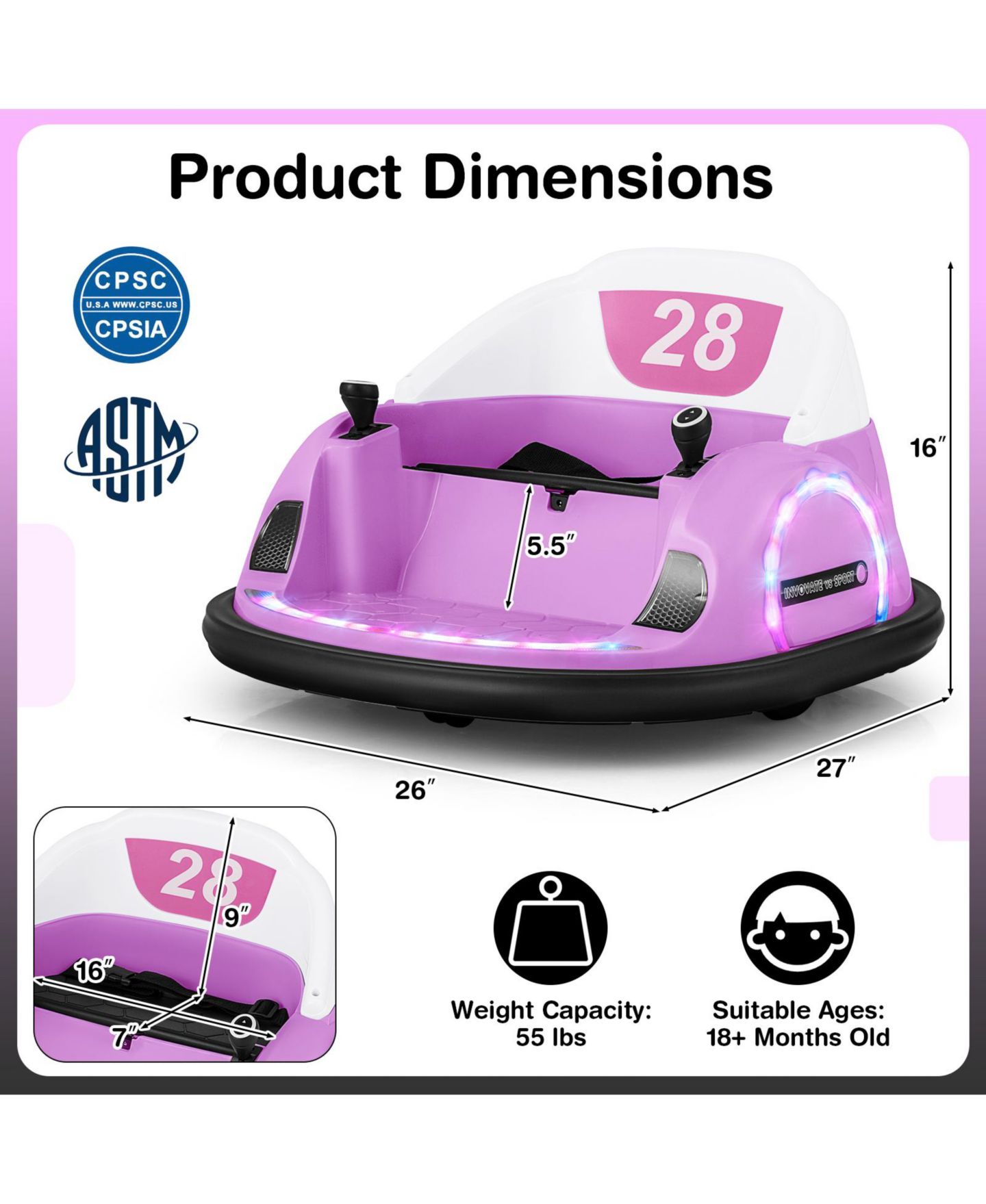 Детская игрушка Mecale 12V 360° Ride-On Bumper Car with Remote Control, 1-Seat, Ages 18 Months+, цвет: Фиолетовый — фото 2