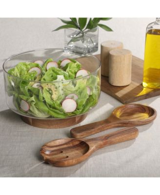Wildgreens Large Glass Salad Bowl Set with Acacia Wood Base and Acacia Serving Utensils