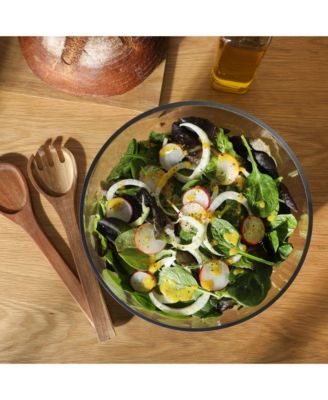Wildgreens Large Glass Salad Bowl Set with Marble Base and Acacia Serving Utensils