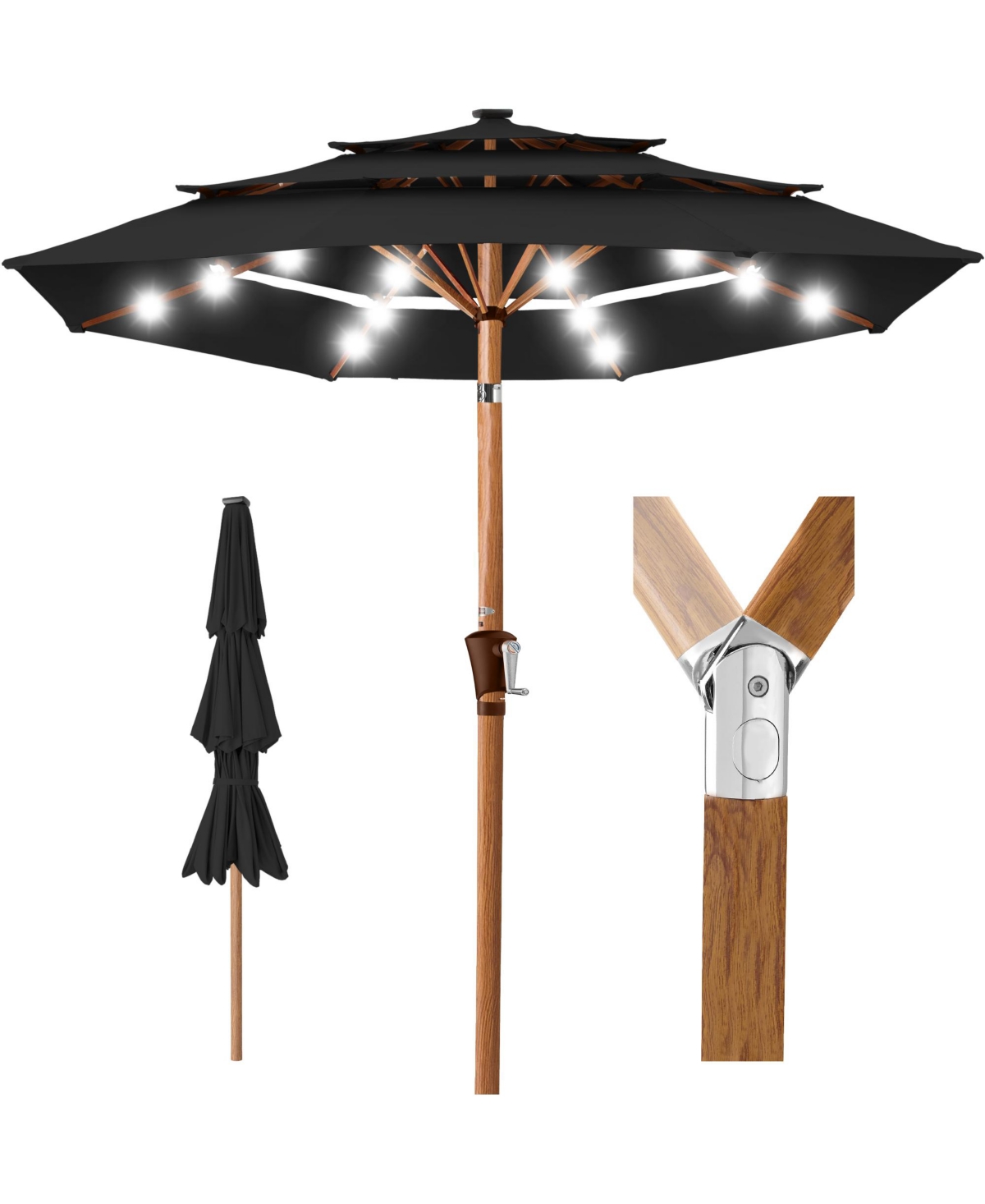 Woodgrain Pattern 10ft 3-Tier Solar Patio Umbrella w/ 24 Led Lights, Tilt - Black