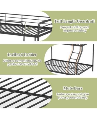 Twin over Full Metal Bunk Bed with Inclined Ladder Safety Guardrail, Slat Support