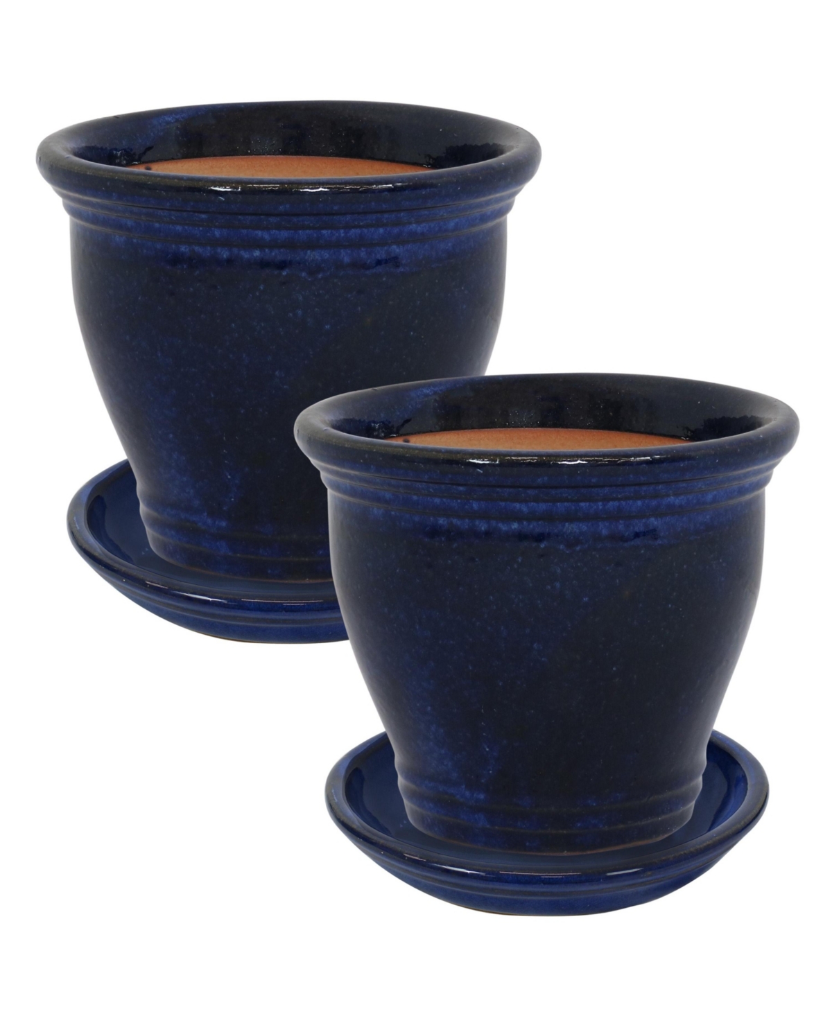Round Ceramic Planter Set with Saucers - Set of 2 - Uv- and Frost-Resistant - Imperial Blue - 11&#x201D; Studio Planter - Imperial blue