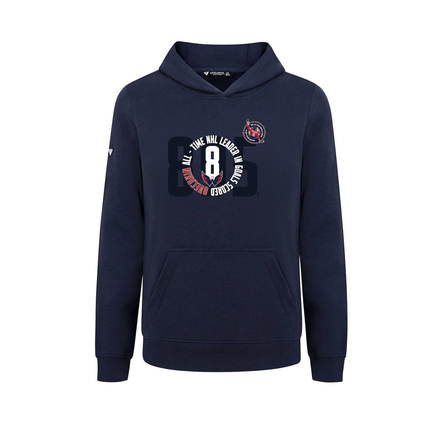 Big Boys and Girls Alexander Ovechkin Navy Washington Capitals NHL All-Time Leading Goal Scorer Milestone Name & Number Podium Pullover Hoodie