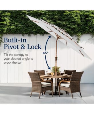 Woodgrain Pattern 10ft 3-Tier Solar Patio Umbrella w/ 24 LED Lights, Tilt