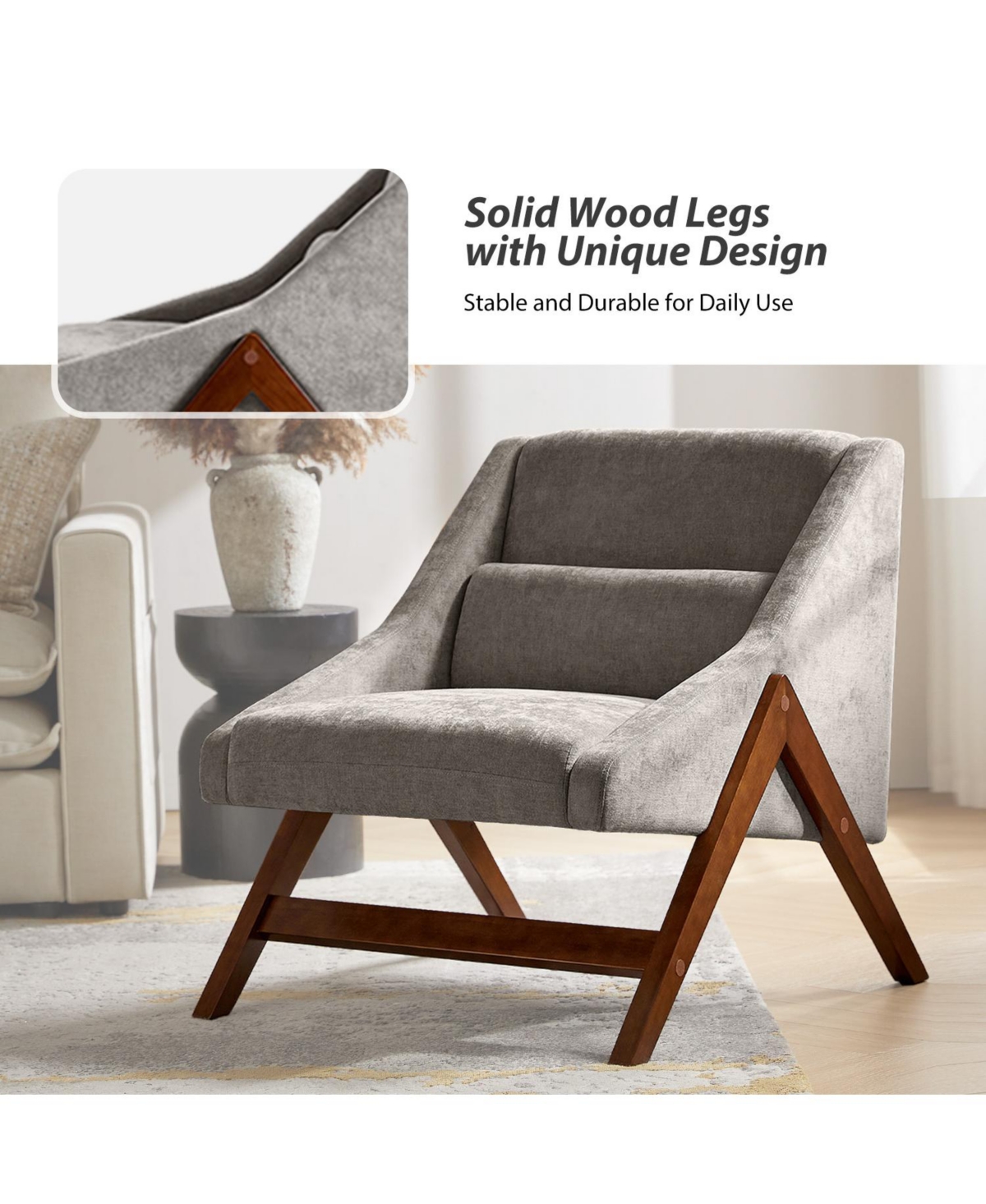 Elias Modern Accent Sloped Armrests Chair with Solid Wood Legs and A Lumbar Pillow