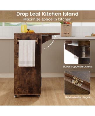 Drop Leaf Mobile Kitchen Island Cart with Power Outlet and Adjustable Shelf