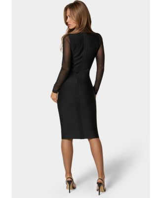 Women's V-Neck Bandage Dress with Illusion Sleeve