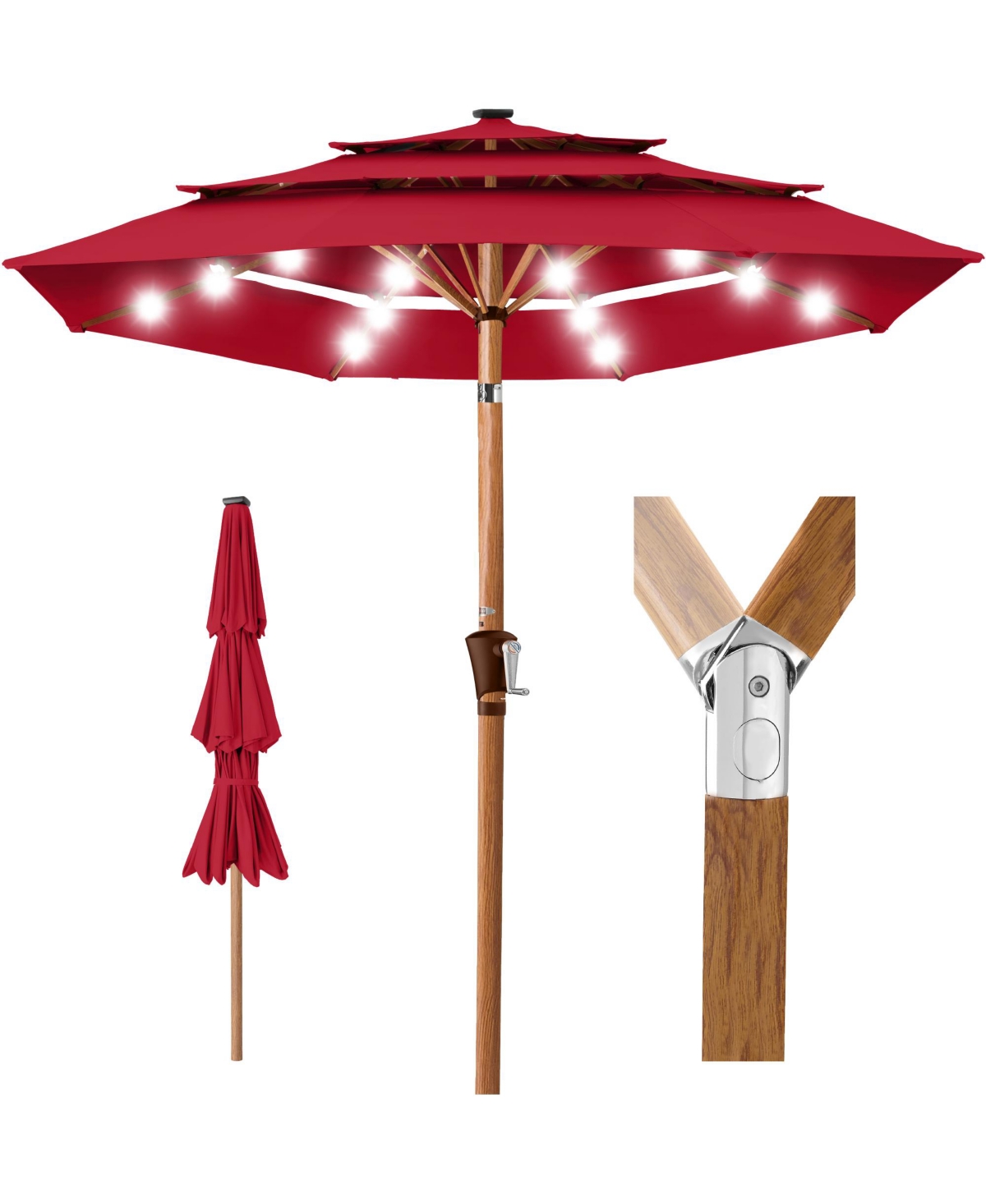 Woodgrain Pattern 10ft 3-Tier Solar Patio Umbrella w/ 24 Led Lights, Tilt - Red
