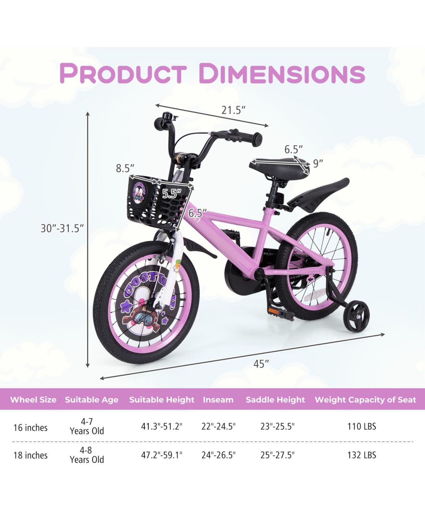 Детская игрушка Mecale 18-Inch Adjustable Kids Bike with Training Wheels, Ages 4-8, цвет: Розовый — фото 5