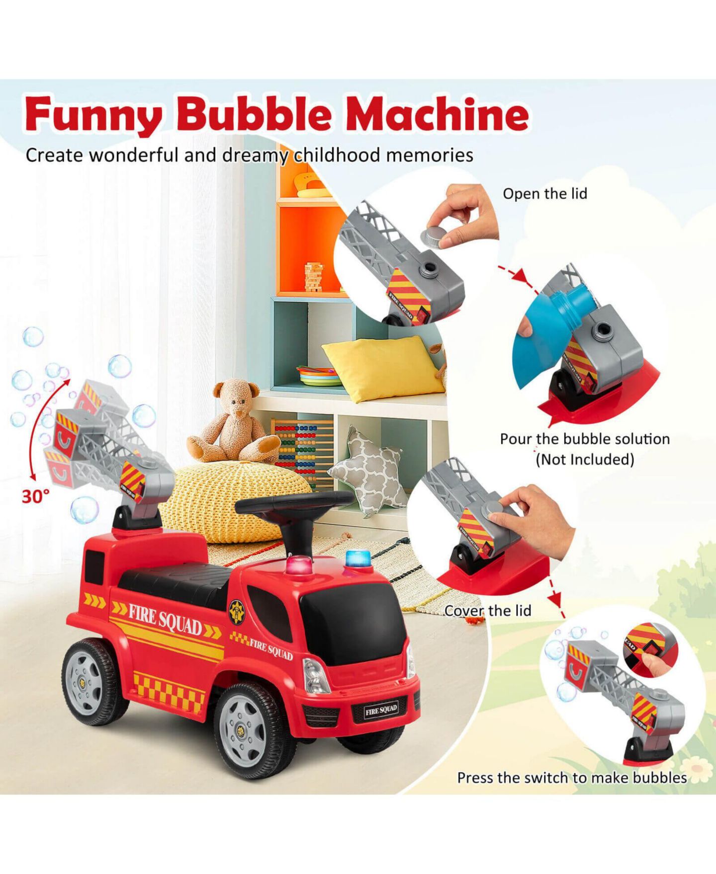 Детская игрушка Mecale Fire Truck Bubble Maker with Flashing Lights Ride-On, Ages 18-36 Months, цвет: Красный — фото 8