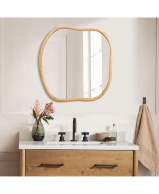 Natural Pine Wood Frame Square Irregular Wall Mirror, Accent and Vanity