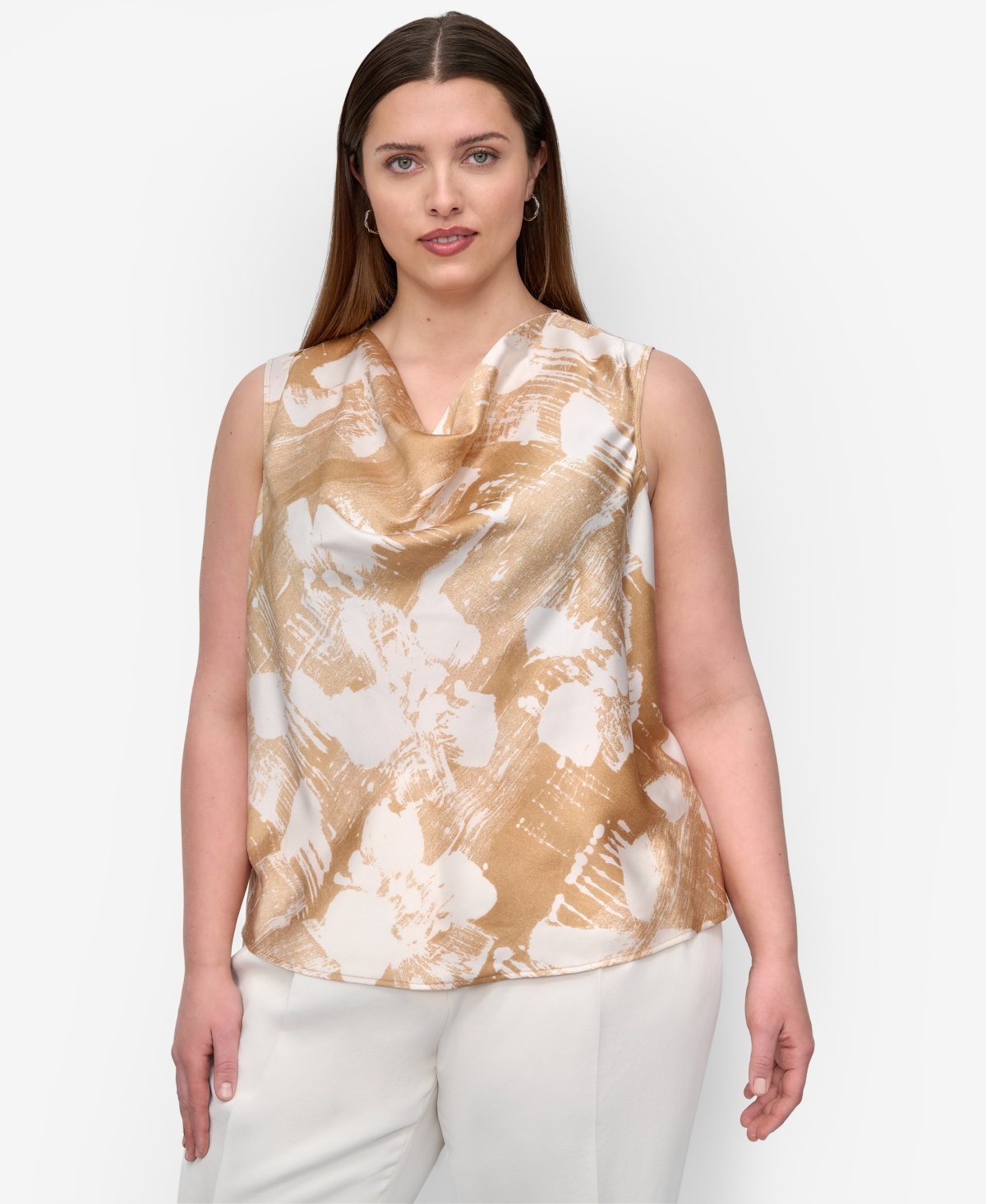 Plus Size Printed Cowlneck Sleeveless Blouse - Whiskey Multi