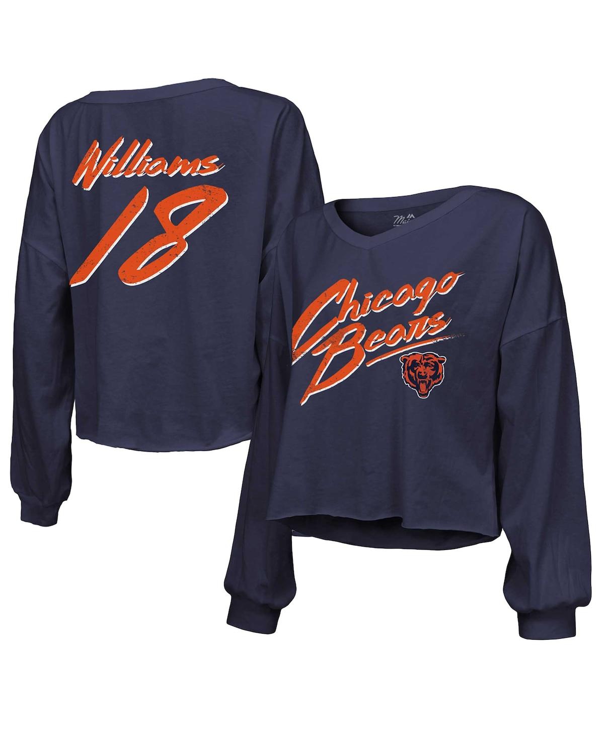 Majestic Women's Caleb Williams Navy Chicago Bears Name Number Off-shoulder Script Cropped Long Sleeve V-neck