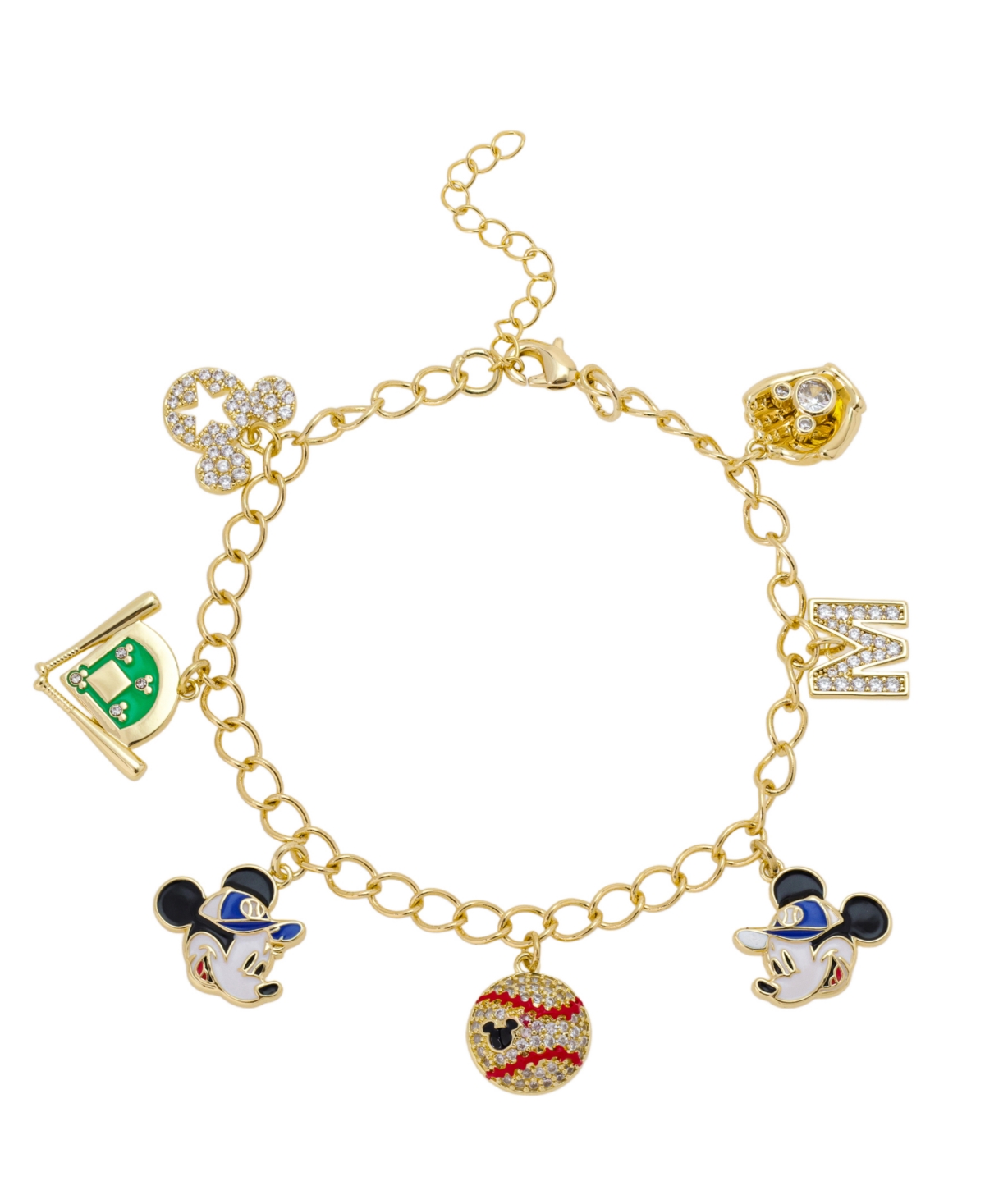 Mickey and Minnie Cubic Zirconia and Crystal Baseball Charm Chain Bracelet - Gold