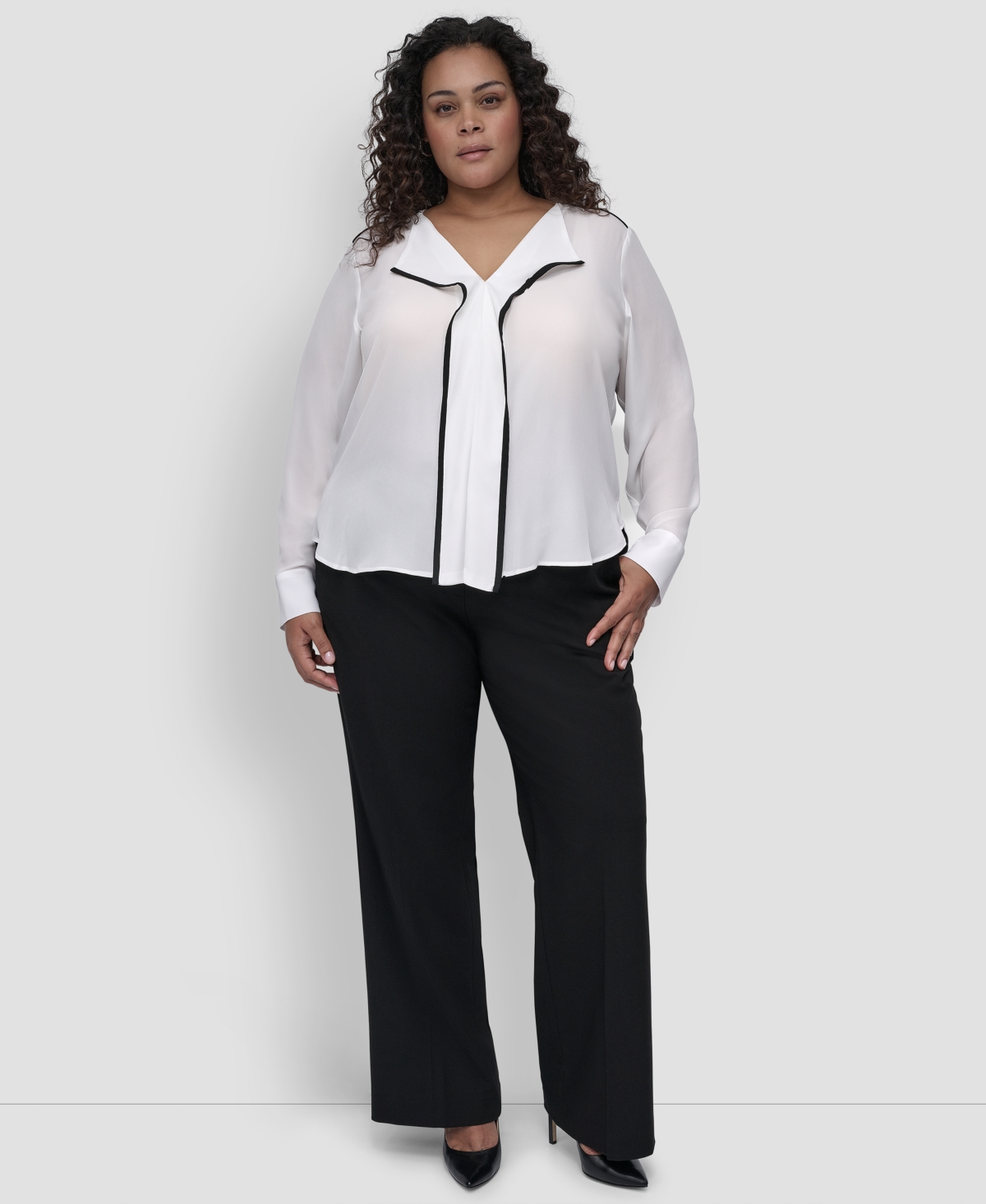 Plus Size Contrast-Trim Long-Sleeve Blouse - Linen White/Black