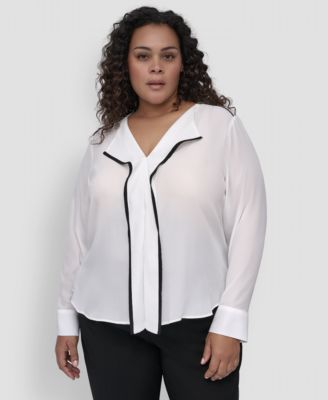 Plus Size Contrast-Trim Long-Sleeve Blouse