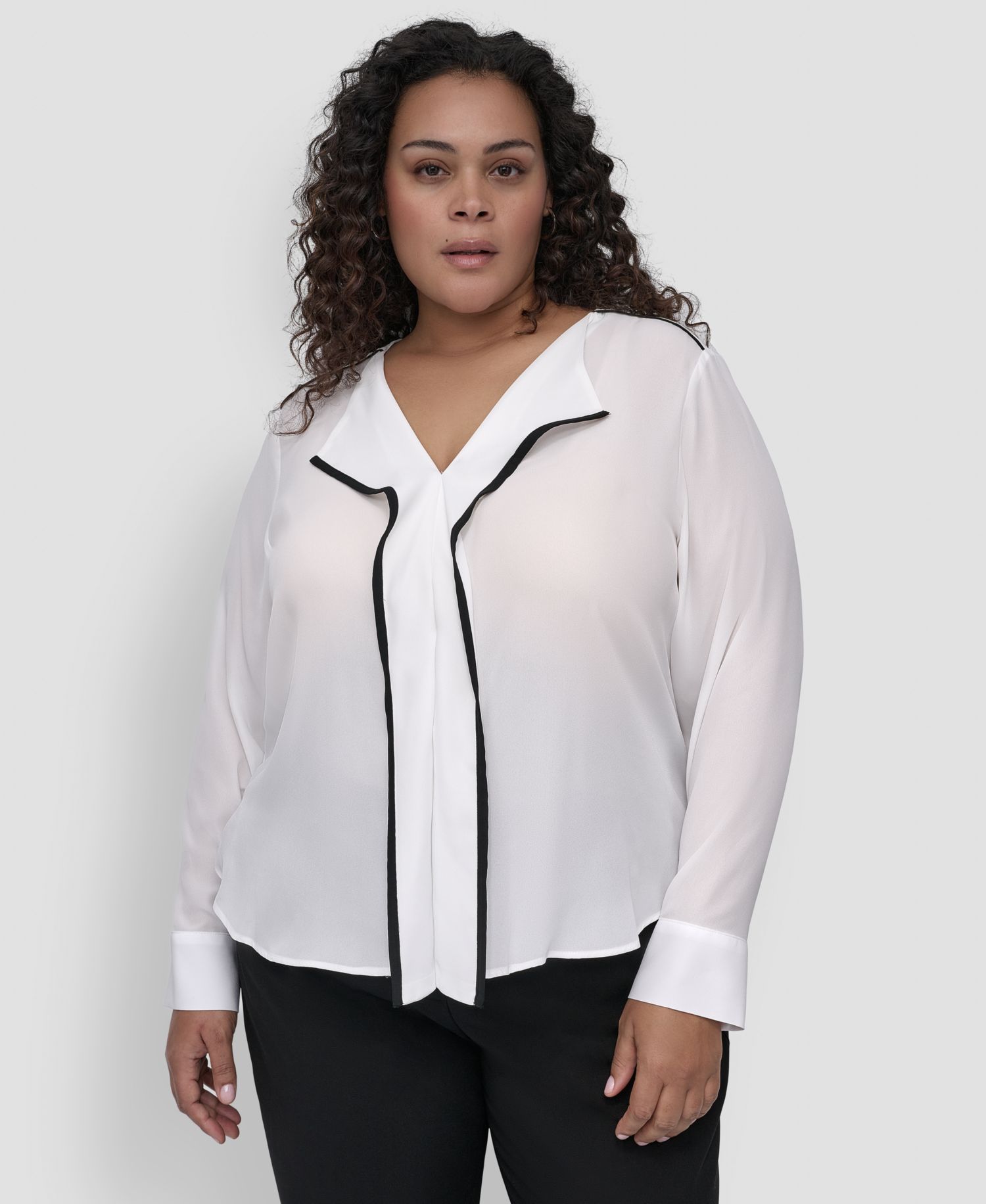 Plus Size Contrast-Trim Long-Sleeve Blouse