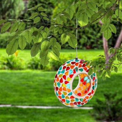 Outdoor Garden Patio Round Glass with Mosaic Design Hanging Fly-Through Bird Feeder - 6"