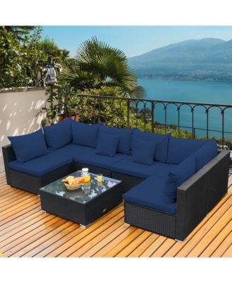 7PCS Rattan Patio Conversation Set Sectional Furniture Set w/ Navy Cushion