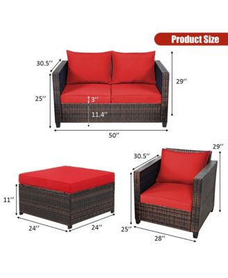 5PCS Outdoor Patio Rattan Conversation Sofa Furniture Set w/ Red Cushions