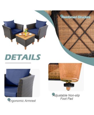 3PCS Patio Furniture Set Conversation Bistro Set w/ Acacia Wood & Cushions Navy