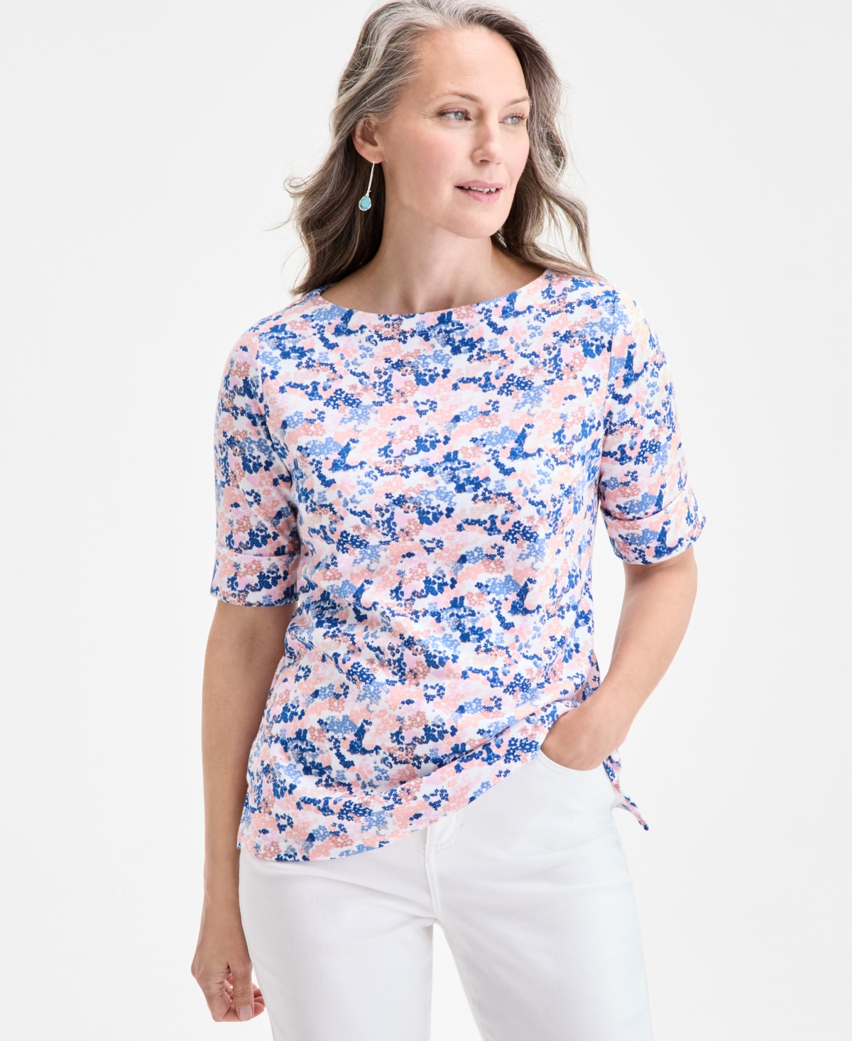 Women's Printed Boat-Neck Elbow-Sleeve Top, Exclusively at Macy's - Blushing Combo