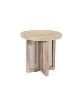 22-Inch Round End Table Natural Solid Wood Top with Rattan Base for Farmhouse Decor