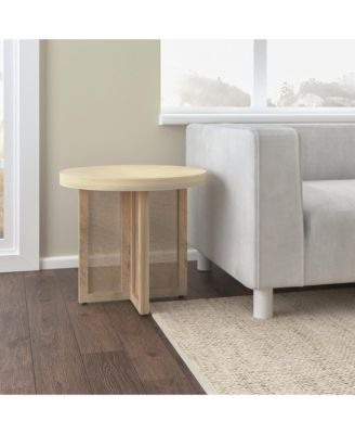 22-Inch Round End Table Natural Solid Wood Top with Rattan Base for Farmhouse Decor