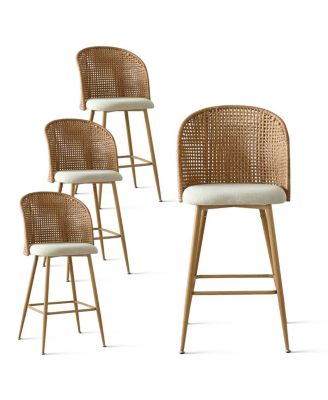 Set of 4 Faux Rattan Back Bar Stools, 29" Upholstered Bar Height Chairs with Woven Cane Back-Maison Boucle